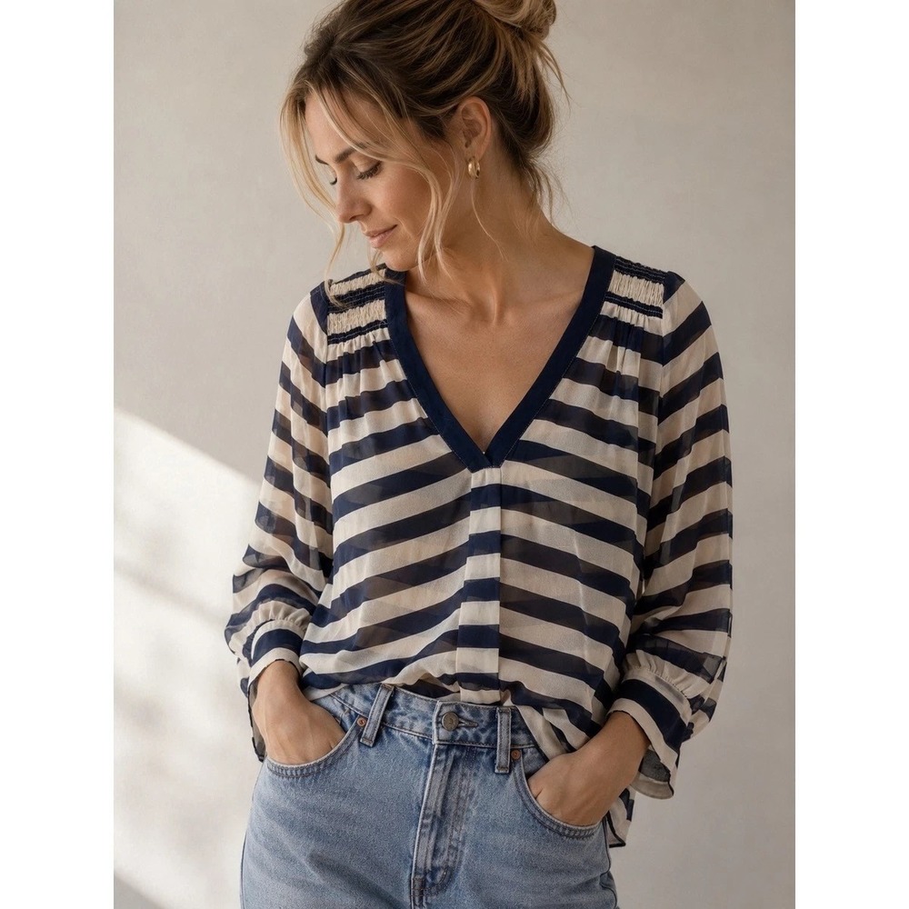 Joie Aceline Sheer Wide Stripe 100% Silk V-Neck Blouse Navy Blue Cream Small